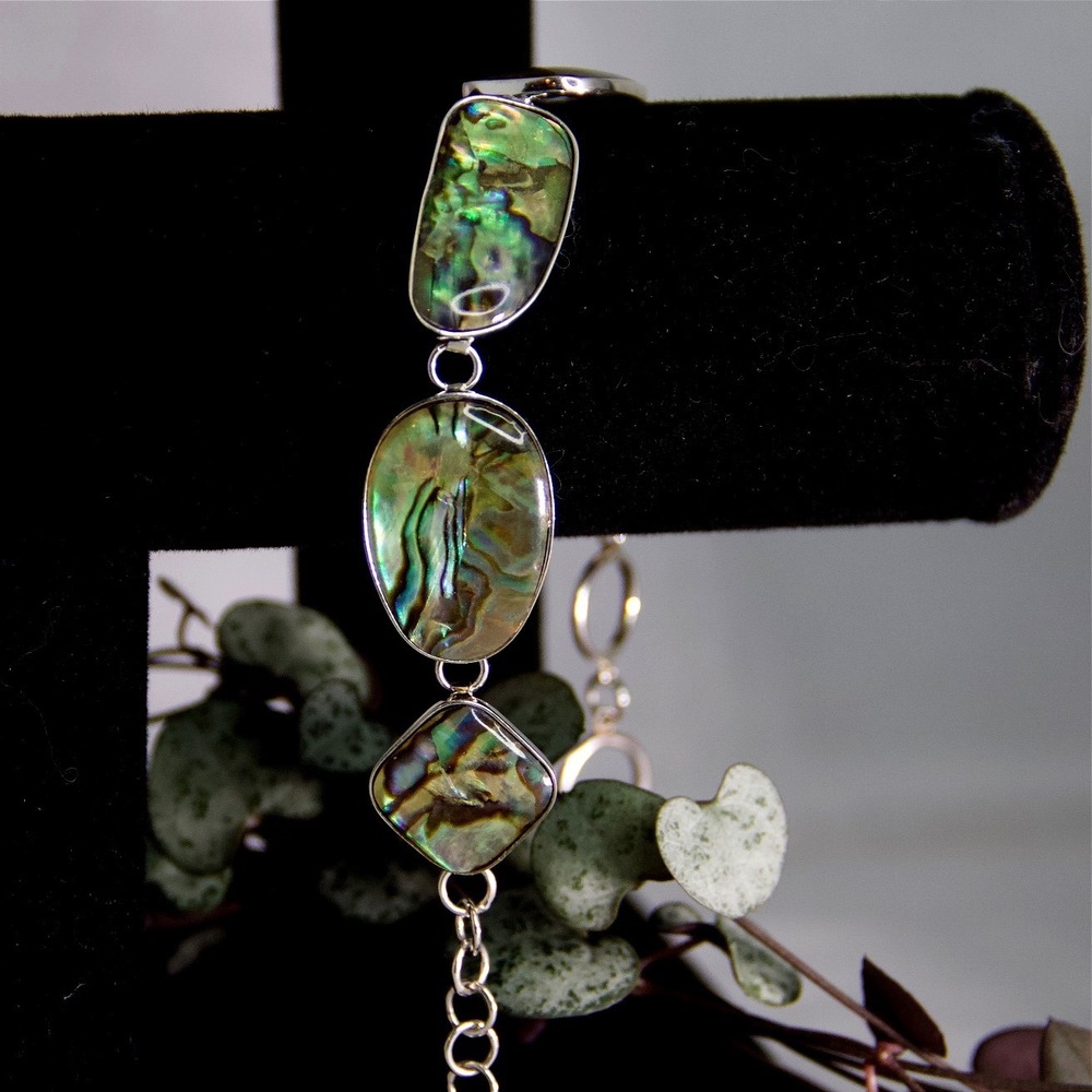 925 Sterling Silver Abalone Shell Link Bracelet Iridescent Toggle‎ Clasp 8.5"